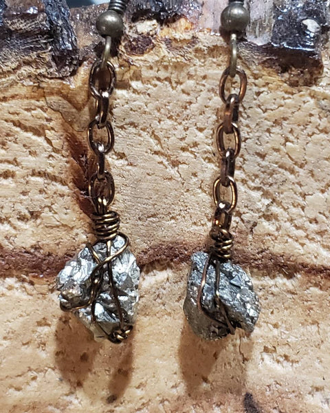 Pyrite and Brass Drop Chain Earrings